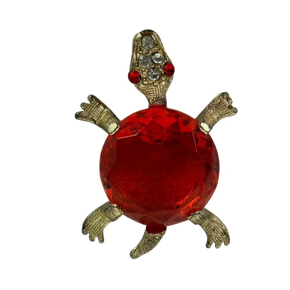 Vintage Turtle Brooch Red Faceted Stone Gold Tone Rhinestone Eye Animal Pin 1.5